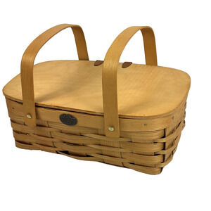 Peterboro Basket Wood Picnic Basket Hinged Lid Small Picnic Multi Purpose 13X8